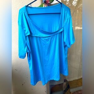 Plus size 1X aqua peek-a-boo blouse, shirt sleeves
